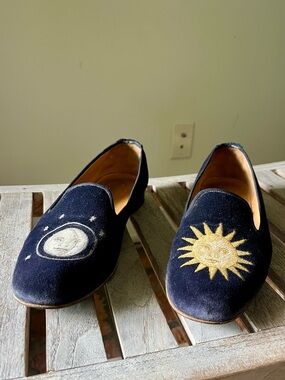Stubbs & Wootton Navy Velvet Sun Moon Celestial Loafers Size 8 Smoking Slippers